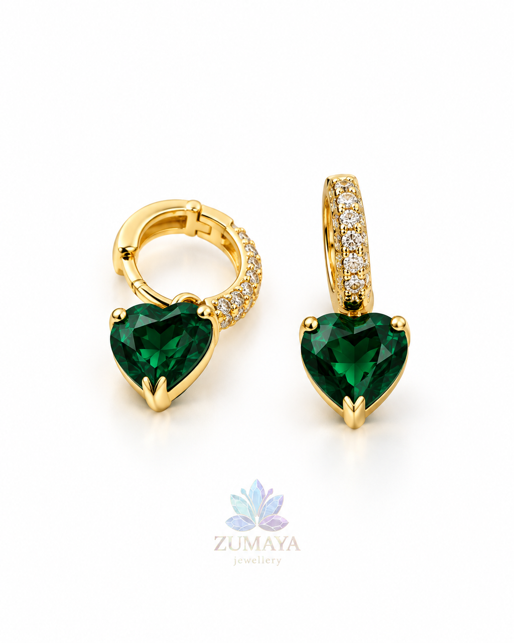 ZK-016 | Verde – Gold Yeşil Kalp Taşlı Halka Küpe
