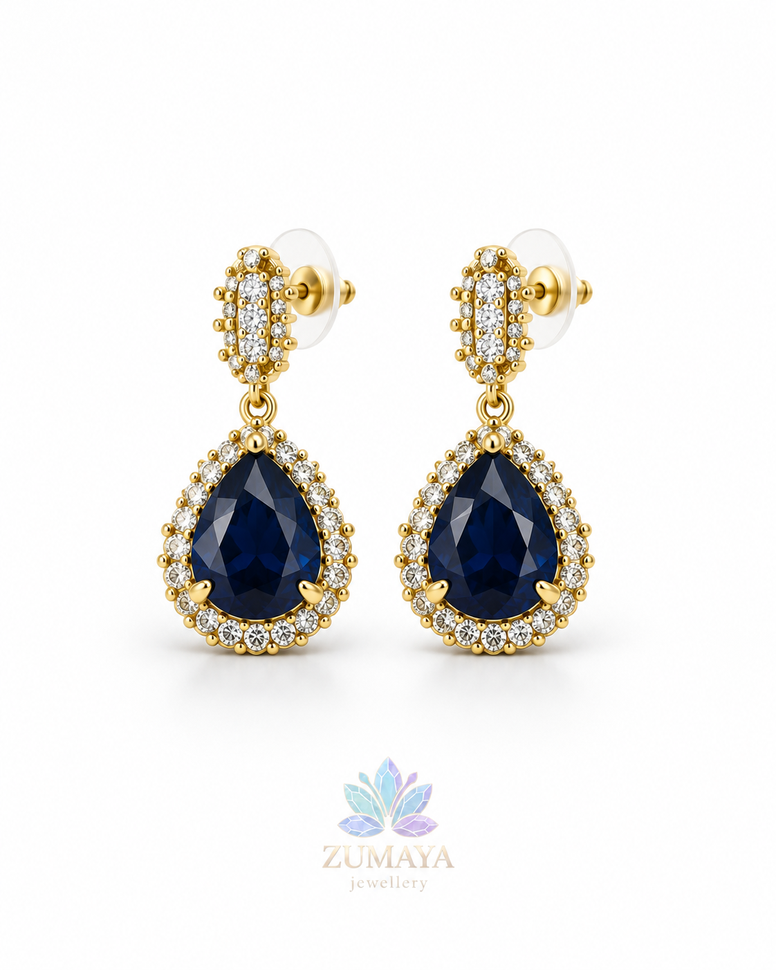 ZK-014 | Royal Blue – Gold Lacivert Damla Taşlı Küpe