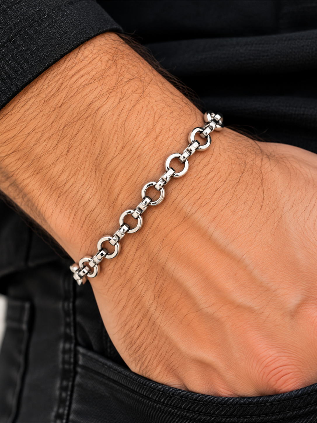 ERK-BL006-Silver Circle Link Çelik Erkek Bileklik